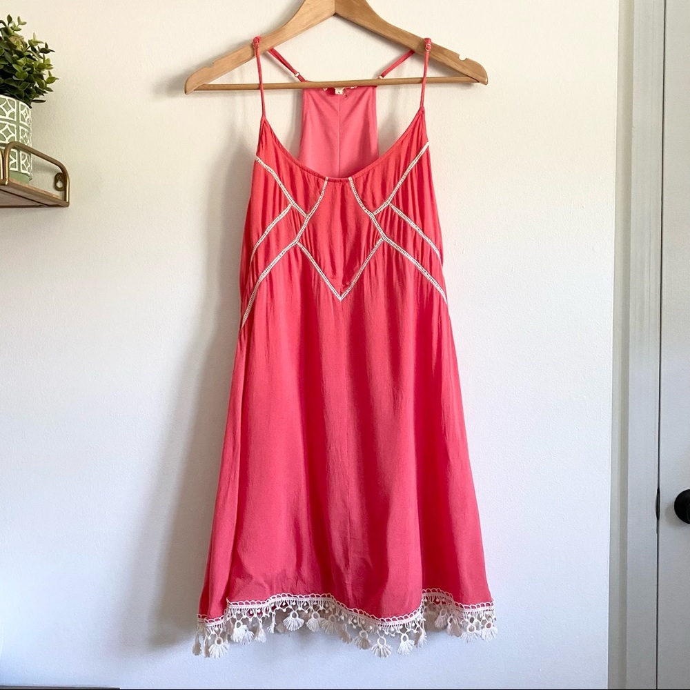 Entro Boho Mini Dress | Pink W/ Crochet Detail & Tassels